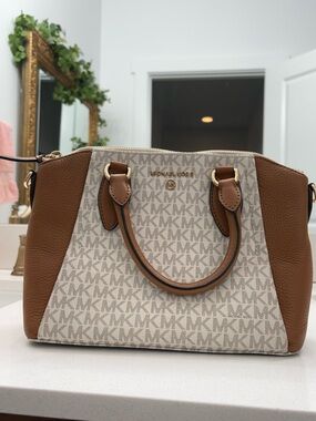 Michael Kors Cream and Brown Logo Dome Satchel